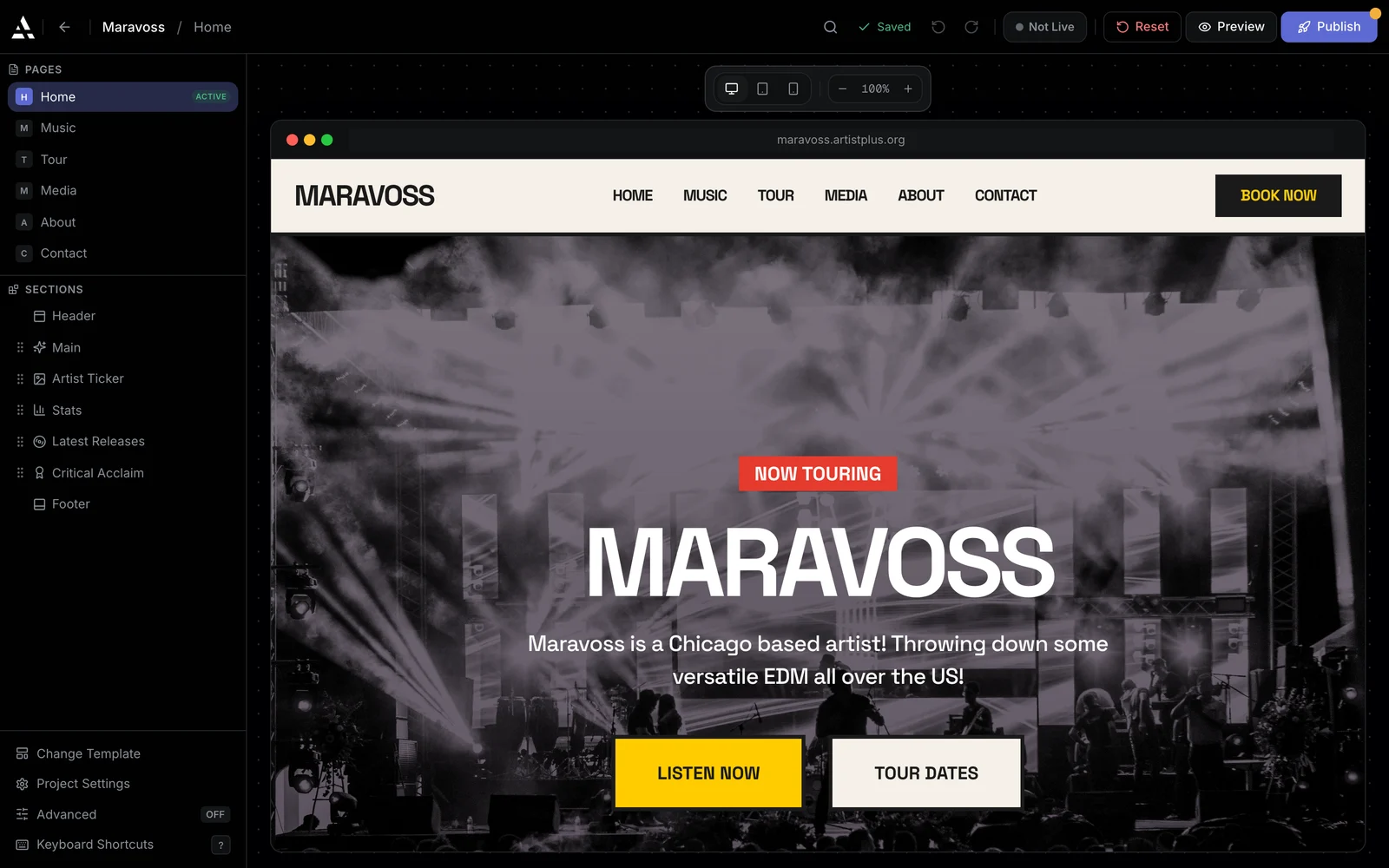 The Artistplus website editor: the site's pages and sections listed on the left, the artist's home page rendered live on the canvas, and a Publish button.