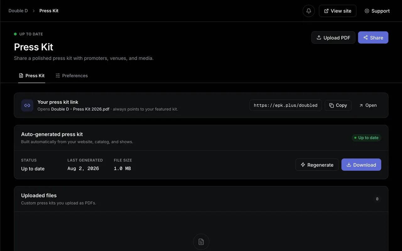 The Press Kit page showing a shareable epk.plus link and an auto-generated press kit marked up to date.
