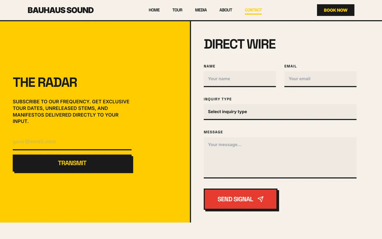 A contact page with booking enquiry fields and management contact details.