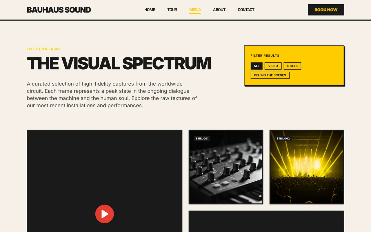 A media page with a video feature and a filterable grid of live and studio stills.