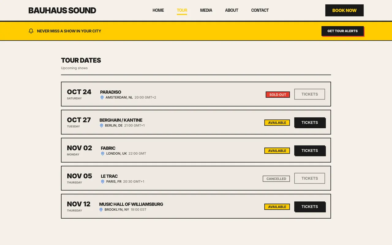 A tour dates page listing shows by date and venue with sold out, available and cancelled states.