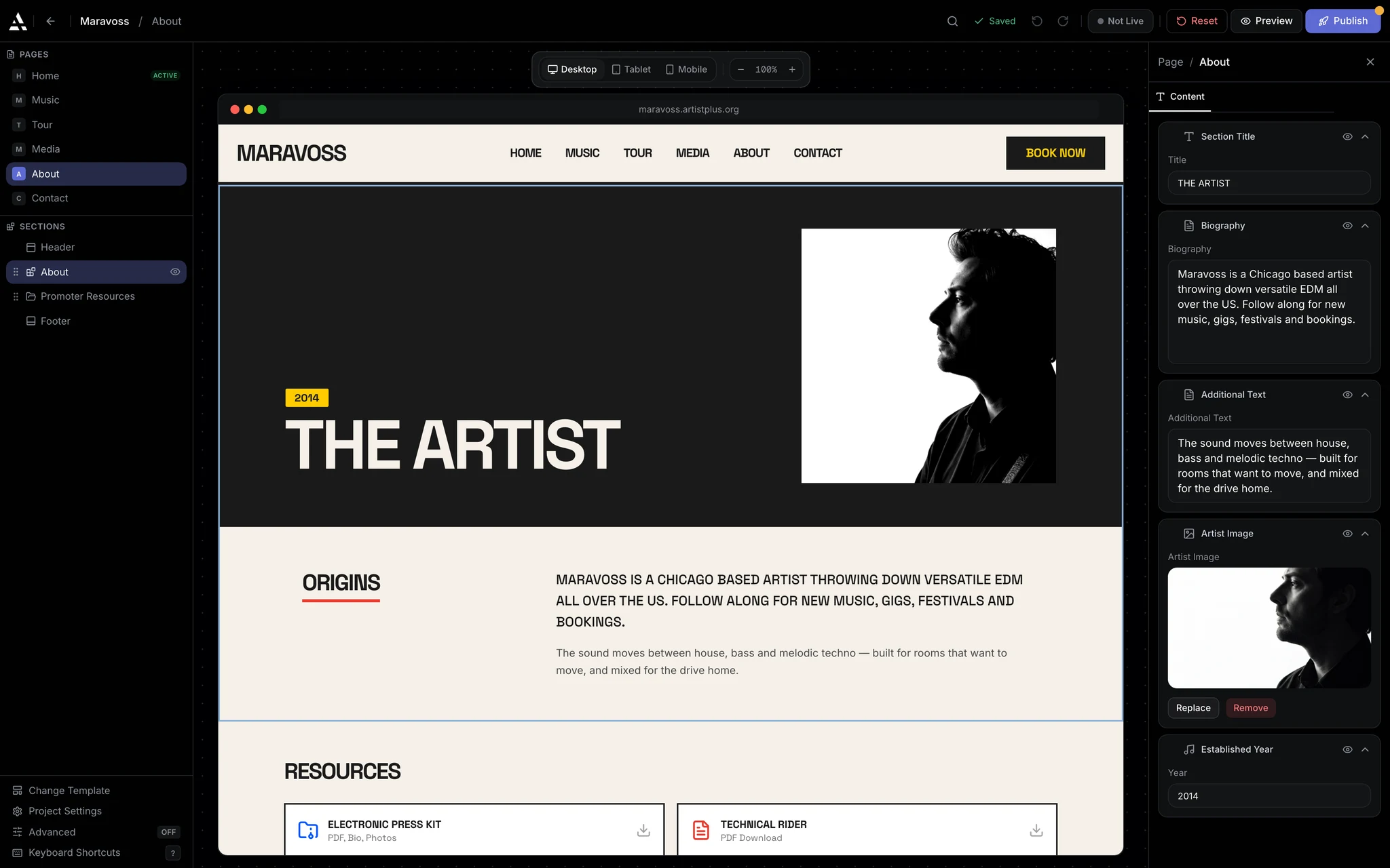 The website editor editing an About page: six site pages listed on the left above that page's own sections, the About page rendered live on the canvas, and its biography open in the edit panel on the right.
