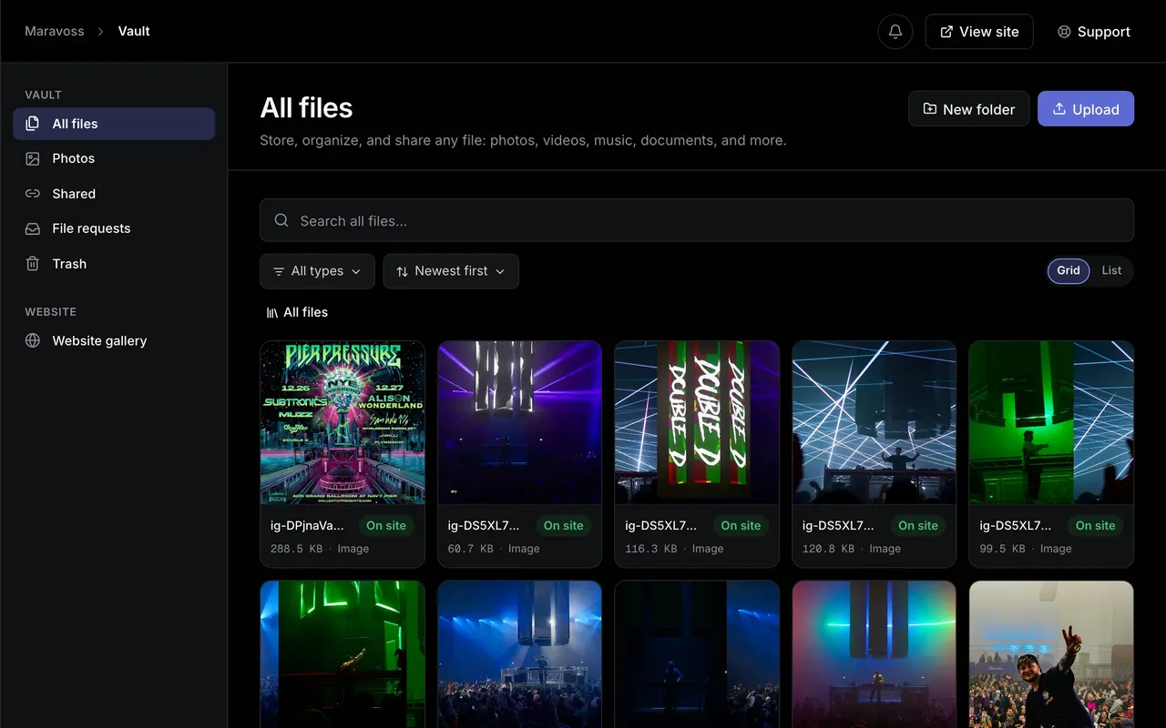 The Vault file library: a grid of uploaded photos, videos and artwork with per-file size, type and on-site status.